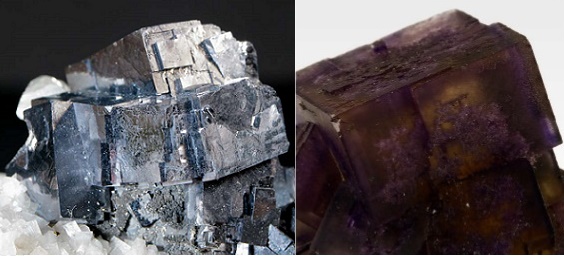 Mineral galena cinza metálico a direita e mineral fluorita roxo com tons dourados a esquerda.