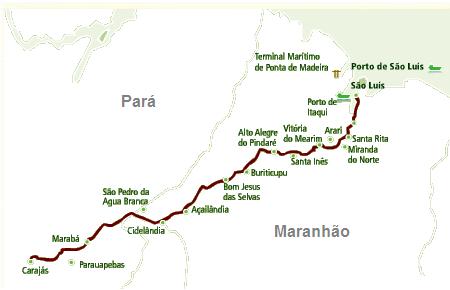 Mapa mostrando a extensão da Estrada de Ferro Carajás