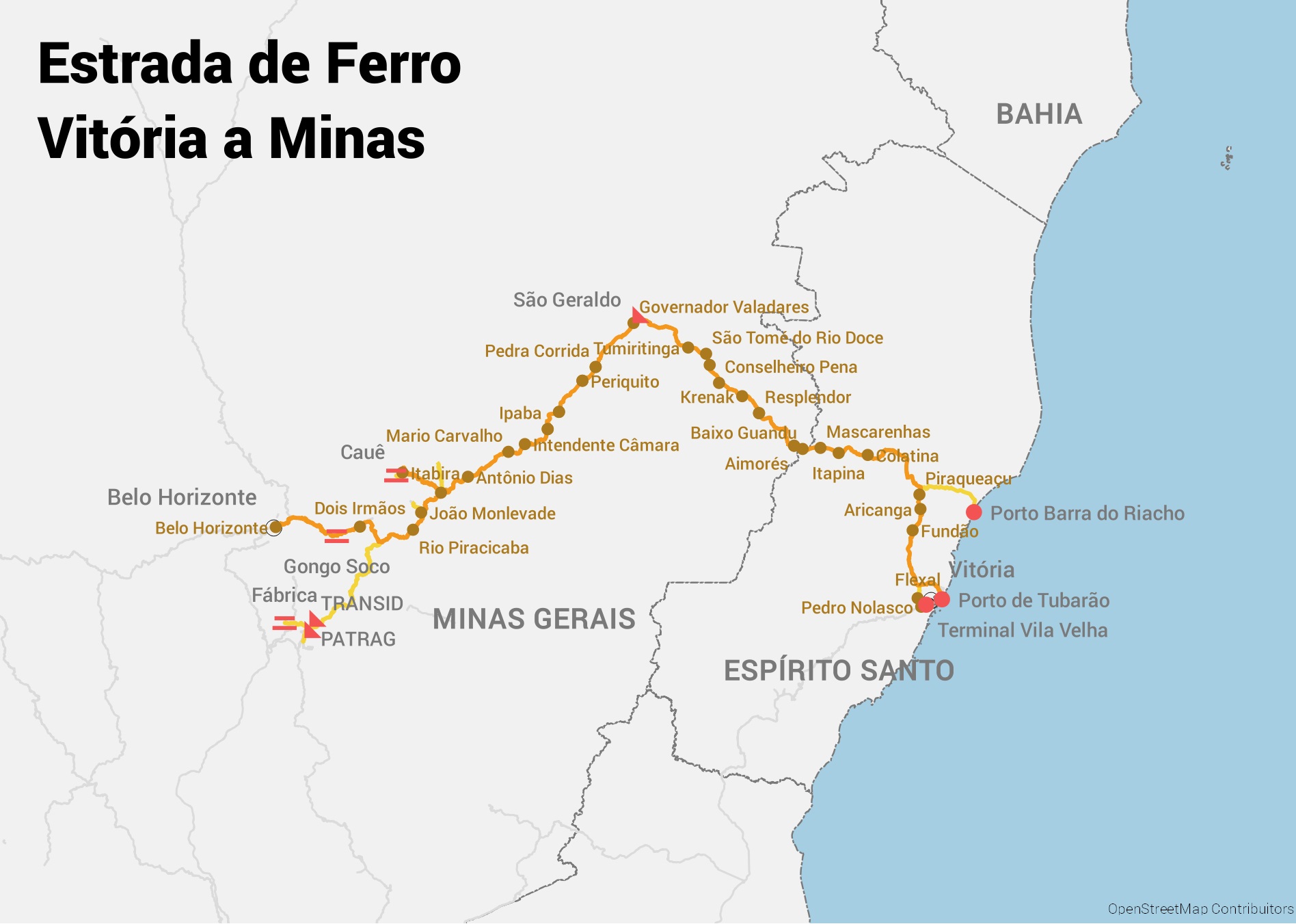 Mapa da estrada de ferro que liga Minas Gerais ao Espírito Santo