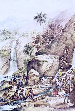 Pintura retratando a mineração de ouro por lavagem no Morro de Itacolomi