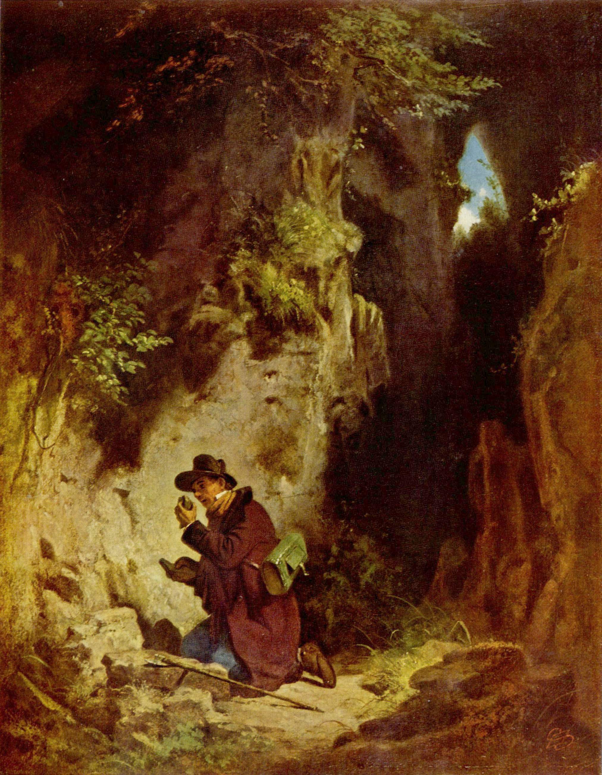 Pintura mostrando um homem dentro de uma caverna analisando uma rocha na mão.