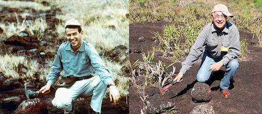O geólogo Breno Augusto dos Santos no local da descoberta na época e 48 anos depois. Foto: Reprodução / Brasil Mineral