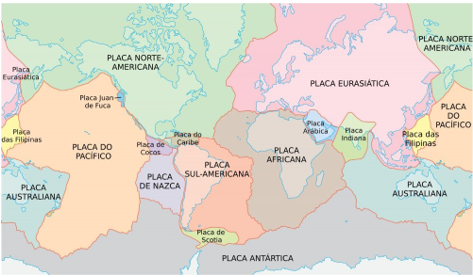 Mapa que contém o continente e sua divisão em placas tectônicas.