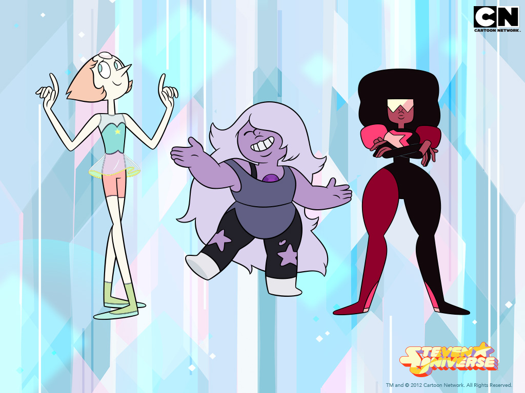 Três integrantes gems da Crystal Gems.