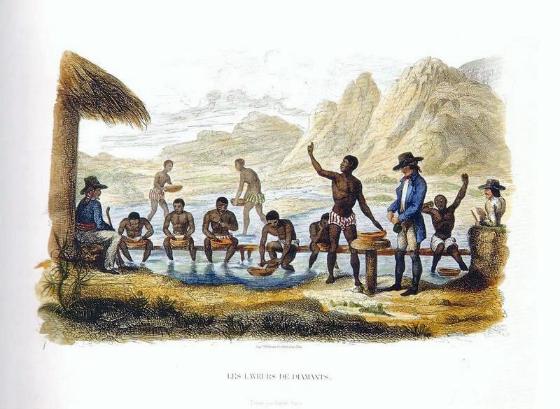 Pintura mostrando 9 homens negros garimpando (escravos) diamantes em um rio e 3 homens brancos supervisionando (feitores).