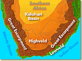 Mapa com as principais formações geomorfológicas sul-africanas. Legenda: verde representa as planicies; marrom representa as escarpas e montanhas escarpadas; e de laranja o planalto central. (Foto: www.southafrica-travel.net)