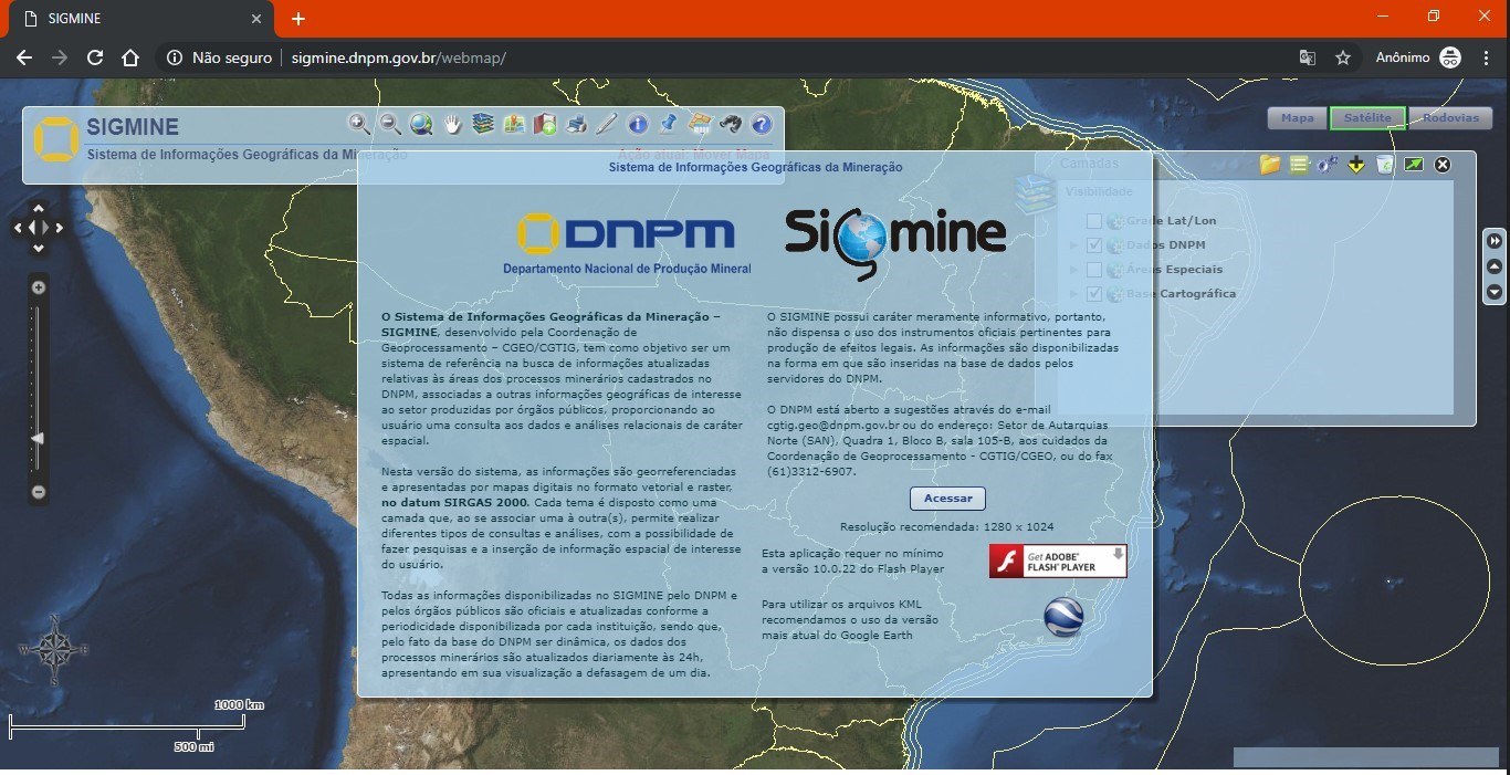 Captura de tela da página inicial do sistema SIGMINE