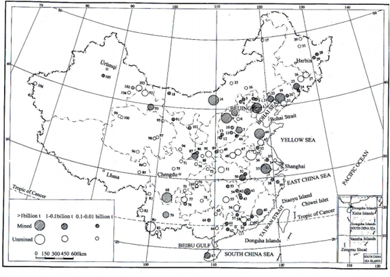 Reservas de minério de ferro na China em mapa
