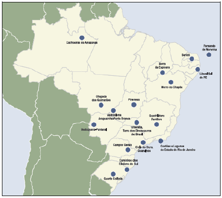 Mapa destacando as áreas que podem vir a ser geoparques.