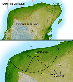 Local onde o asteroide colidiu com a superfície terrestre ocasionando a cratera de Iucatã, mostrando assim, sua vasta dimensão de 70 km de diâmetro.