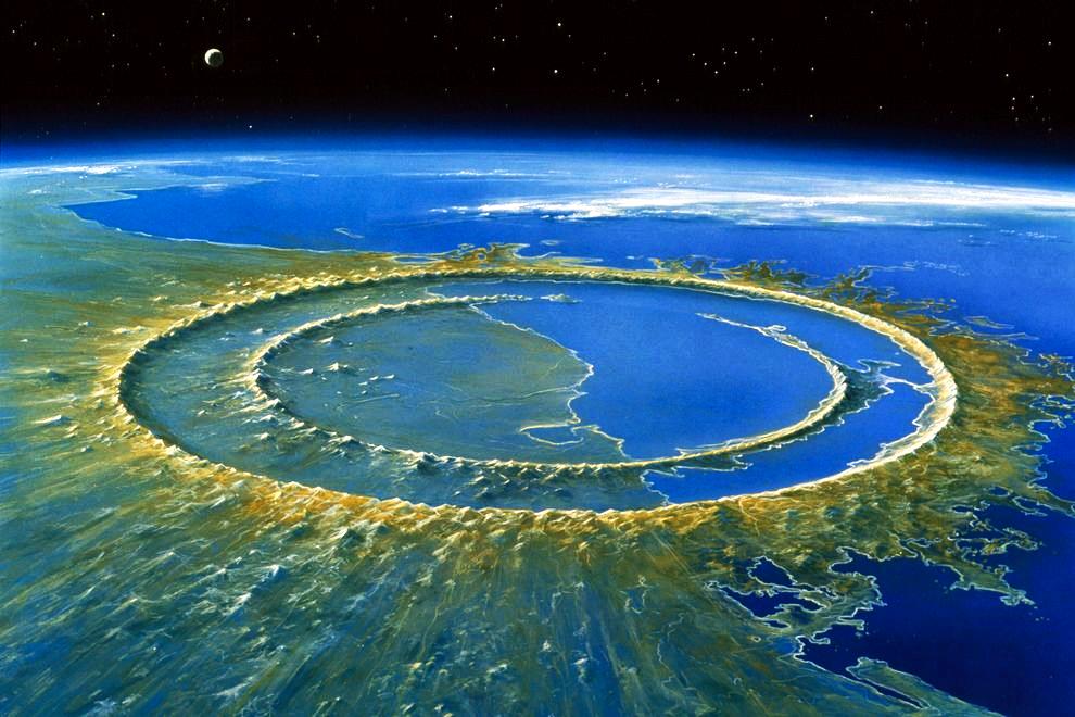 Ilustração da visão aerea da península de Iacatã na cidade de Chicxulub, México.