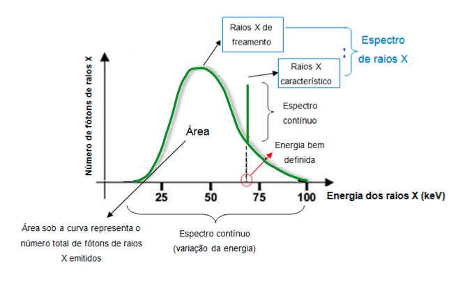 Gráfico que mostra os tipos de raios X: Contínuo e característico.