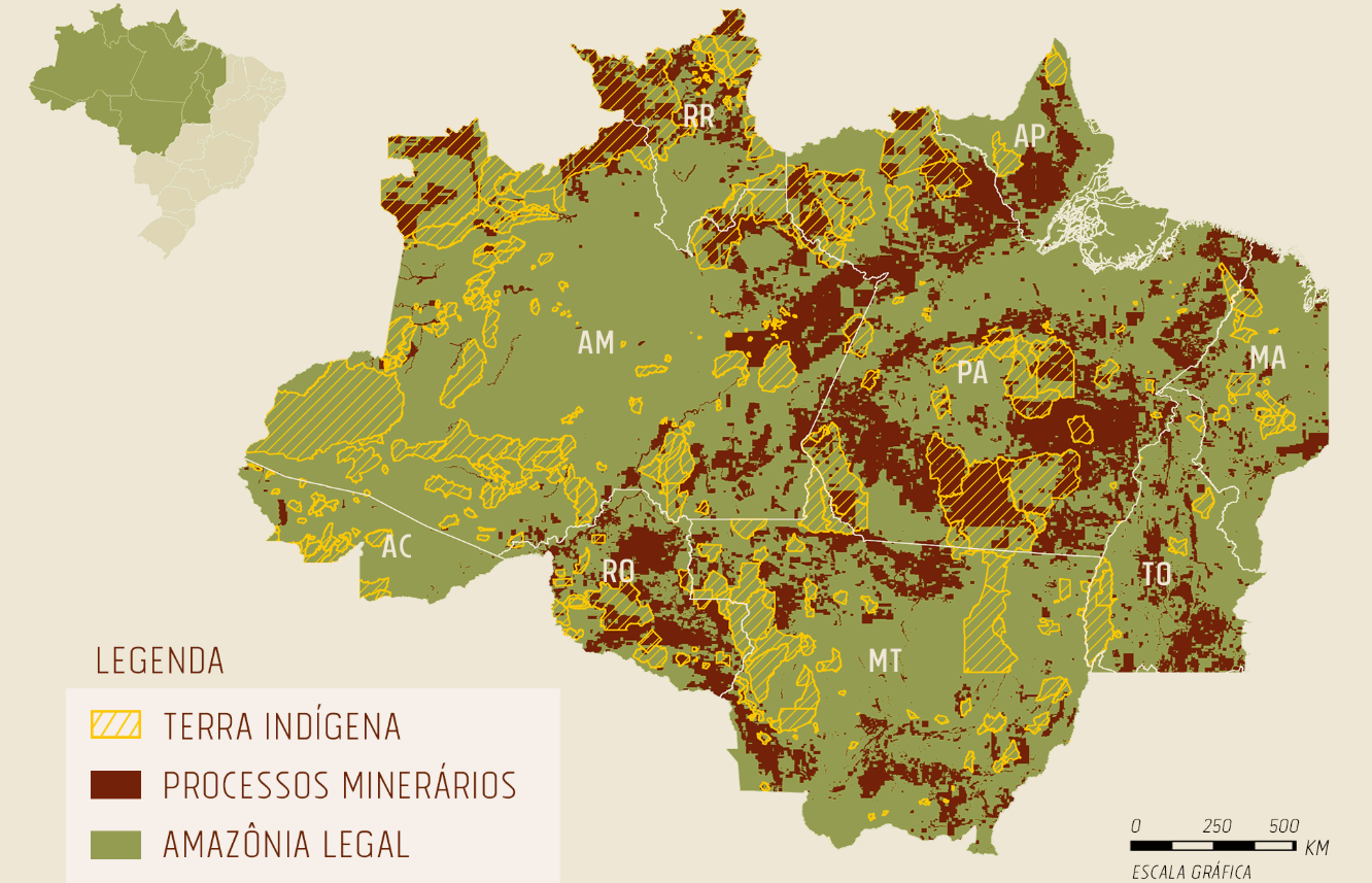 Mapa gráfico contendo terras indígenas, processos minerários e Amazônia legal.