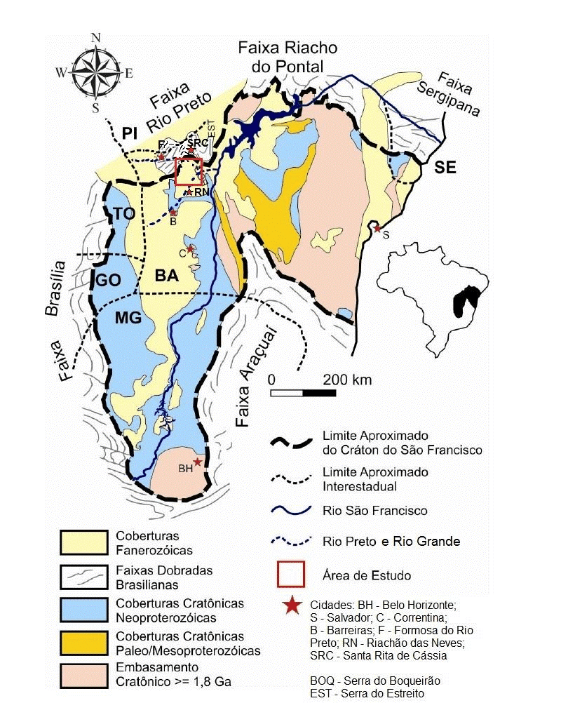 Figura 1 - Mapa da Bacia Sanfranciscana com ênfase no tempo geológico das coberturas geológicas. Fonte: (Santos, 2016).