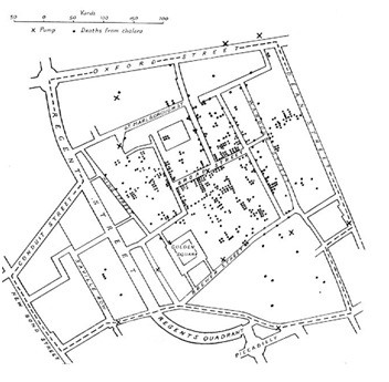 Mapa feito pelo médico John Snow, em 1854 na Inglaterra.